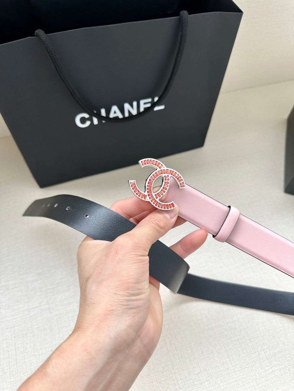 CHANEL 25S BELT 30 MM IN LIGHT PINK CALFSKIN 616971