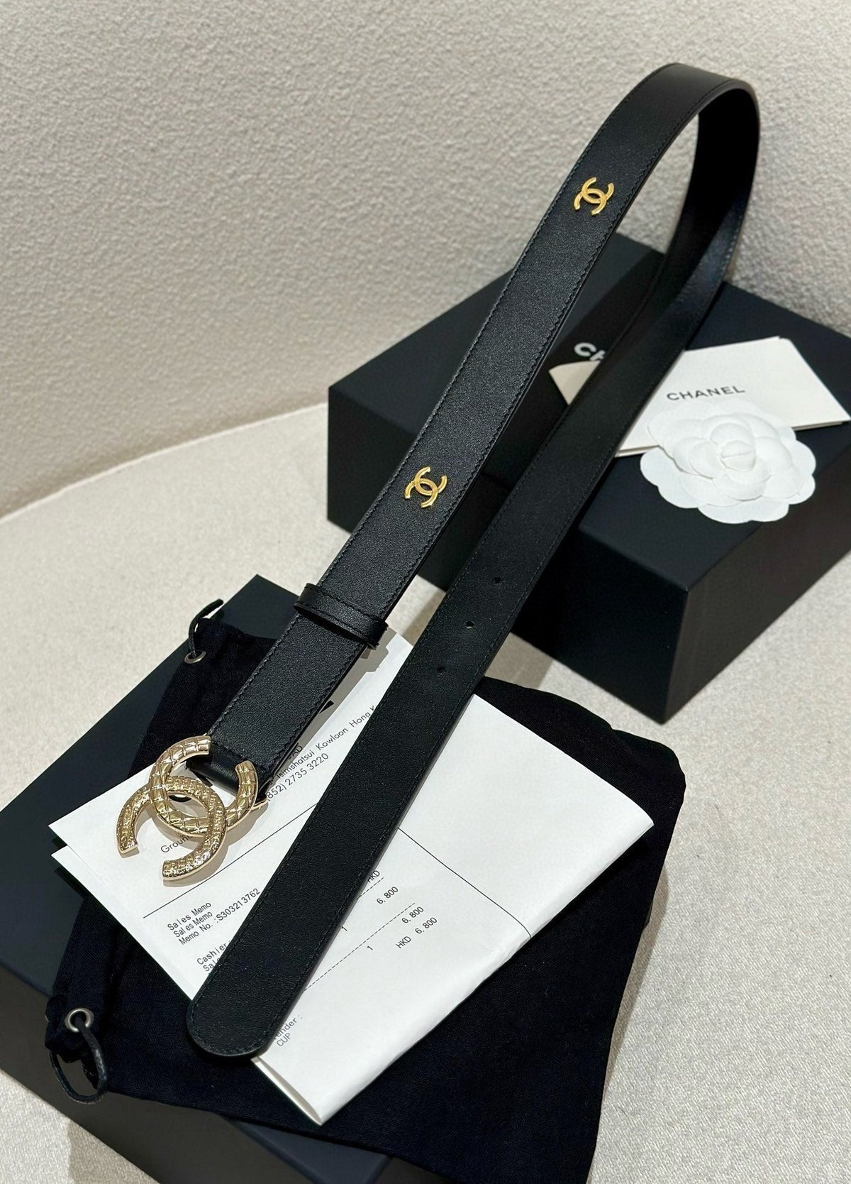 CHANEL DOUBLE C BELT 30MM IN BLACK CALFSKIN GOLD BUCKLE WITH EMBOSSED CHECK PATTERN