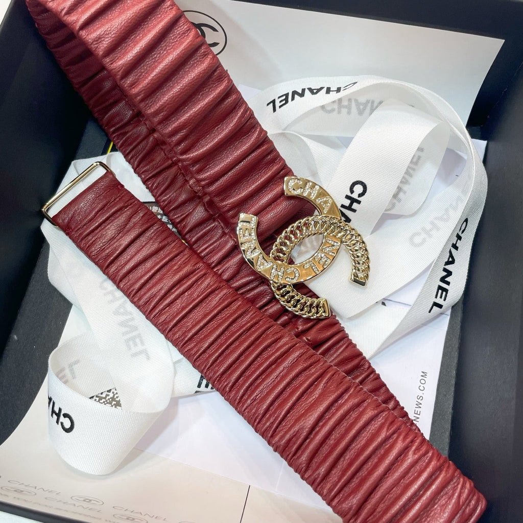 CHANEL DOUBLE  30MM STRETCH BELT IN RED CALFSKIN GOLD CHAIN BUCKLE CRYSTAL LOGO