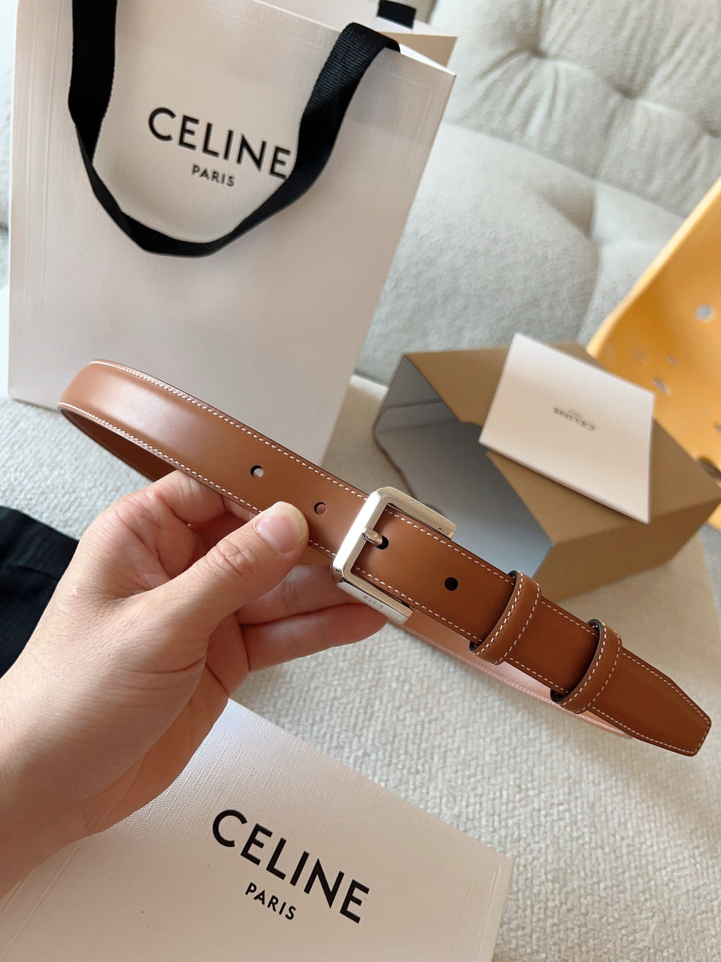CELINE 25S BELT 25MM IN BROWN CALFSKIN SILVER HARDWARE 561793