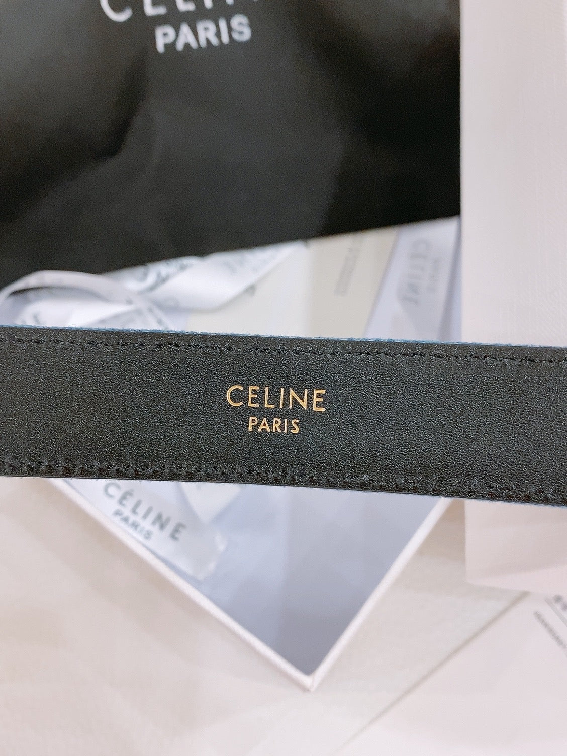 CELINE 25S BELT TRIOMPHE TAURILLON 25MM IN BLACK CALFSKIN AND DENIM 558347