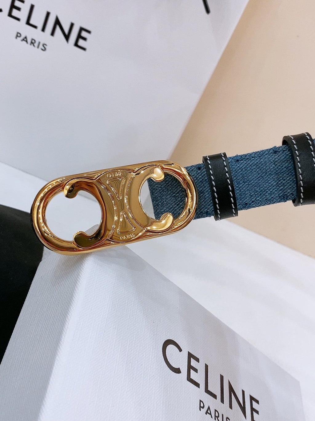 CELINE 25S BELT TRIOMPHE TAURILLON 25MM IN BLACK CALFSKIN AND DENIM 558347