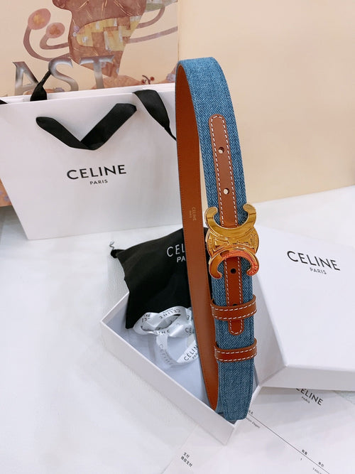 CELINE 25S BELT TRIOMPHE TAURILLON 25MM IN BROWN CALFSKIN AND DENIM 558356