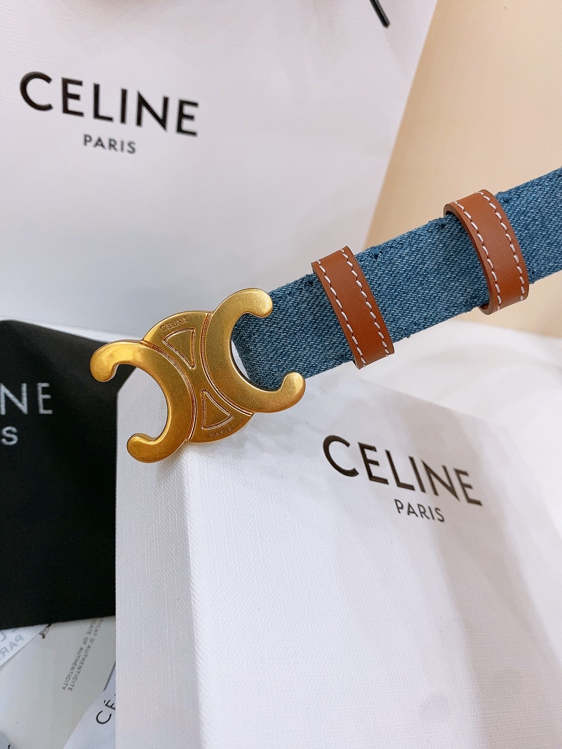 CELINE 25S BELT TRIOMPHE TAURILLON 25MM IN BROWN CALFSKIN AND DENIM 558357