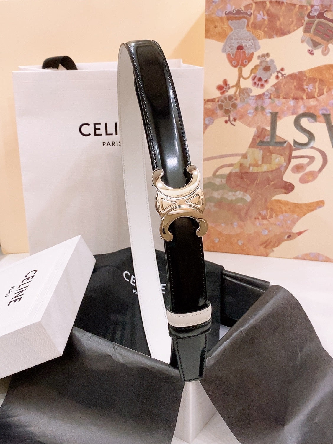 CELINE 25S BELT 25MM REVERSIBLE TRIOMPHE IN BLACK WHITE CALFSKIN 565542