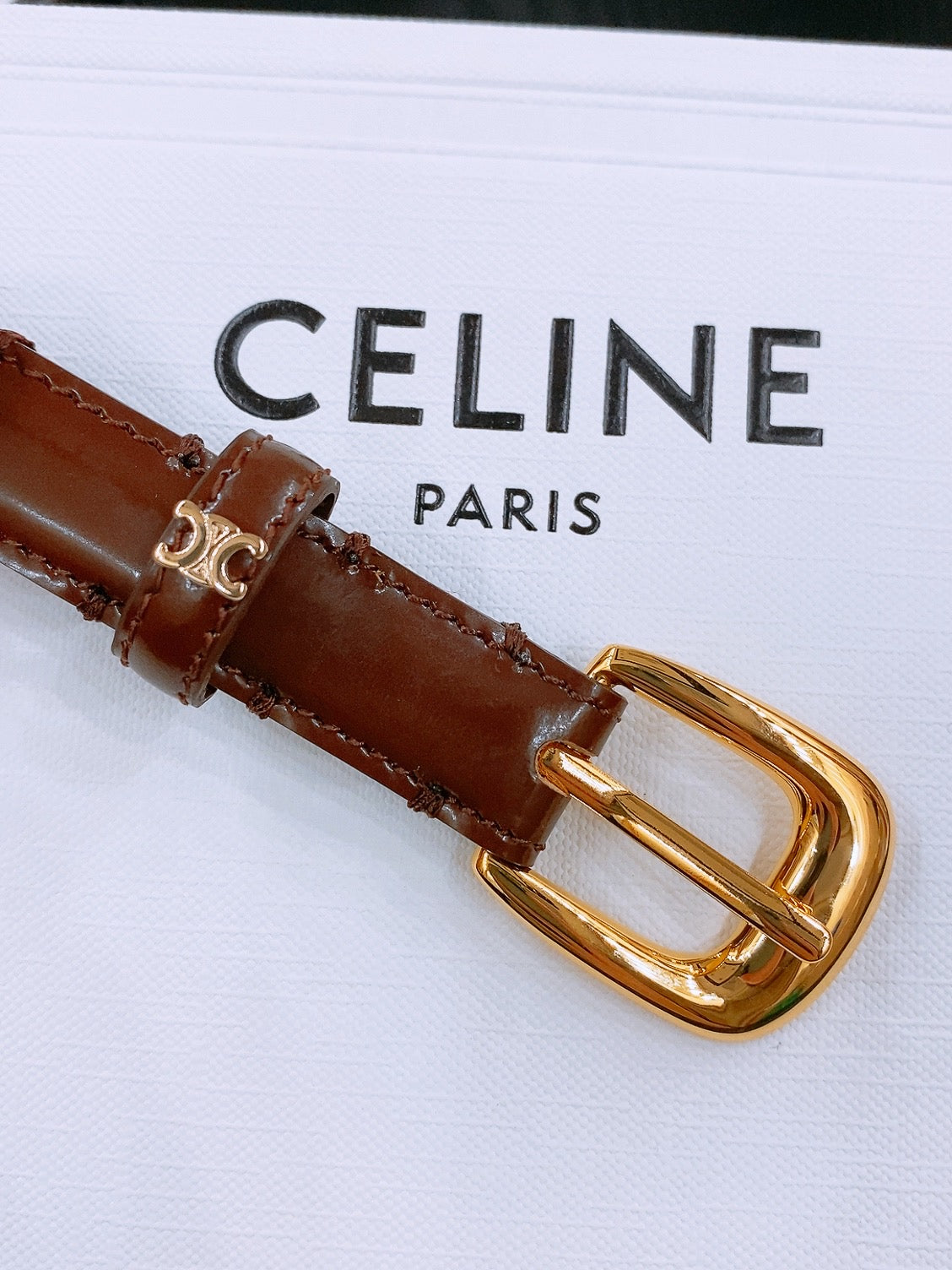 CELINE 25S BELT 18MM WITH ARC DE TRIOMPHE BUCKLE IN BURNT UMBER 571506